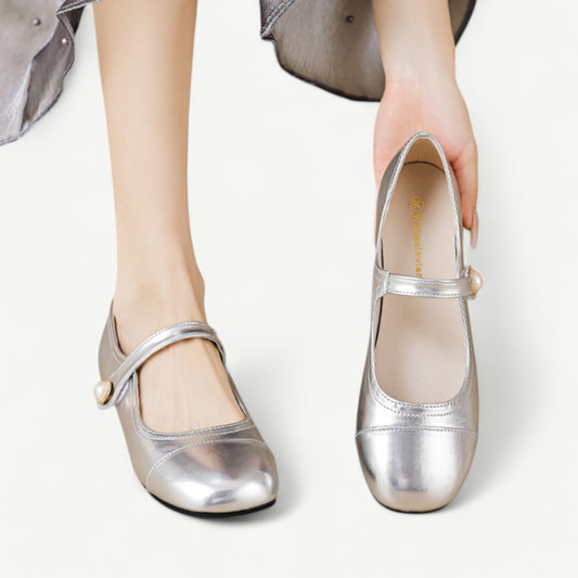 Silver Mary Jane flats with a white pearl - N°74