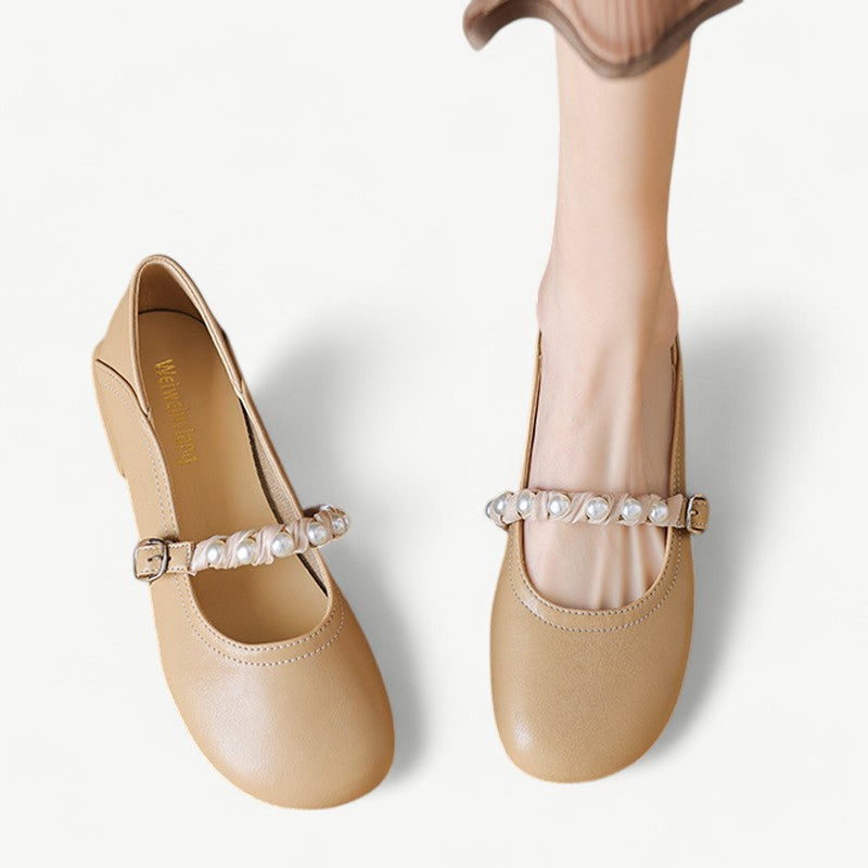 Khaki Mary Jane flats with pearls - N°4