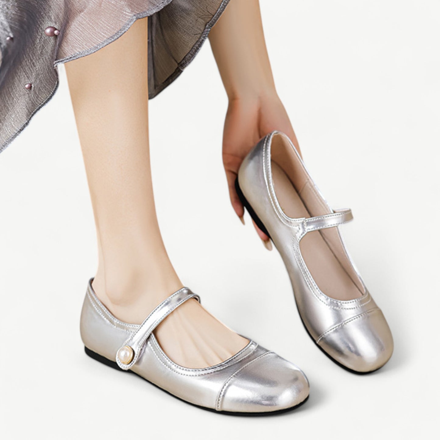 Silver Mary Jane flats with a white pearl - N°74