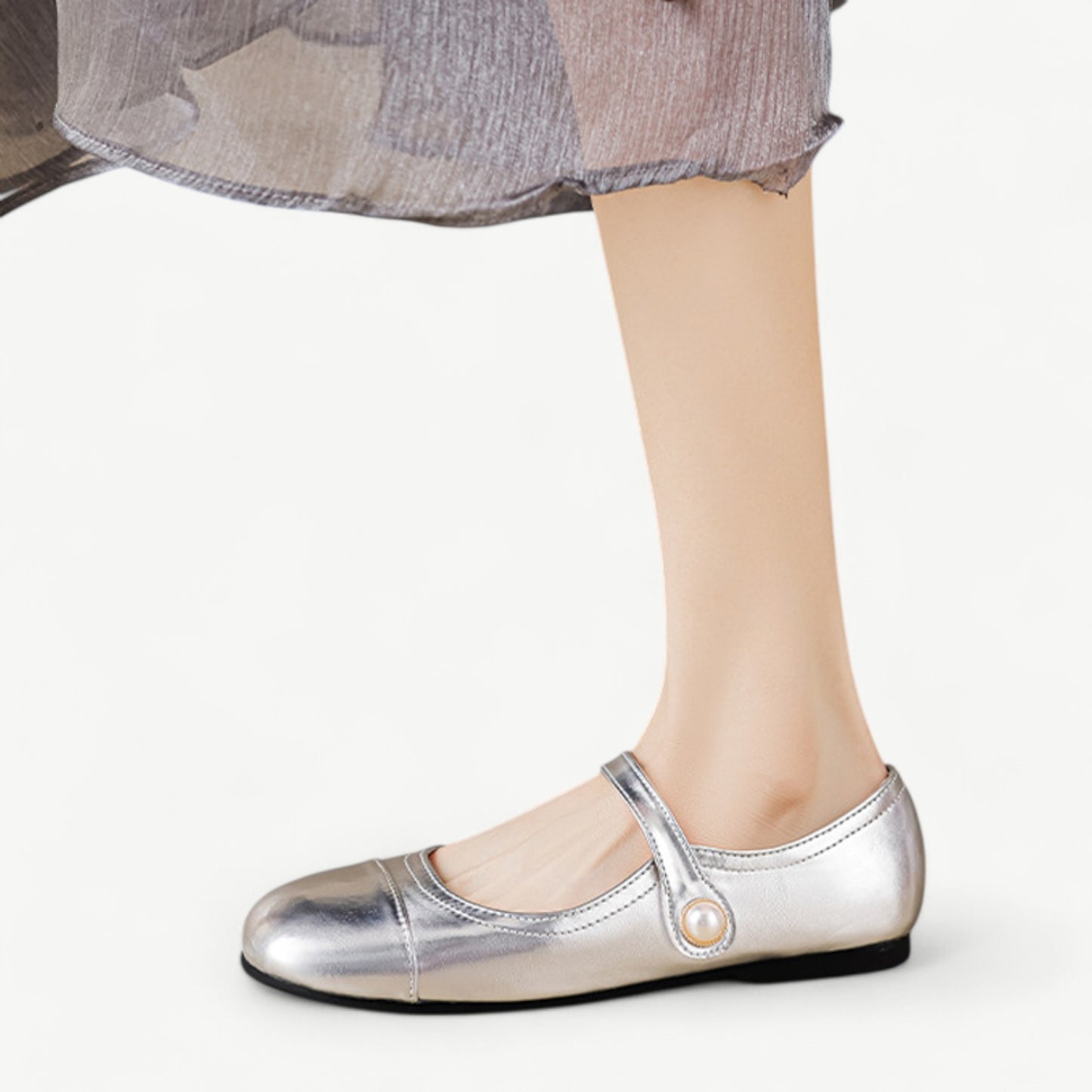 Silver Mary Jane flats with a white pearl - N°74