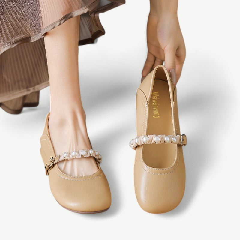 Khaki Mary Jane flats with pearls - N°4