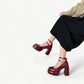 Red Burgundy Mary Jane platform shoes with a high heel and bold design - N°69