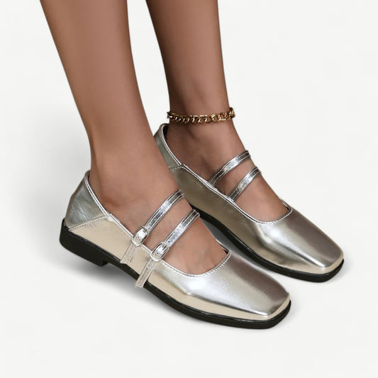 Silver Mary Jane flats with double crossed straps - N°75