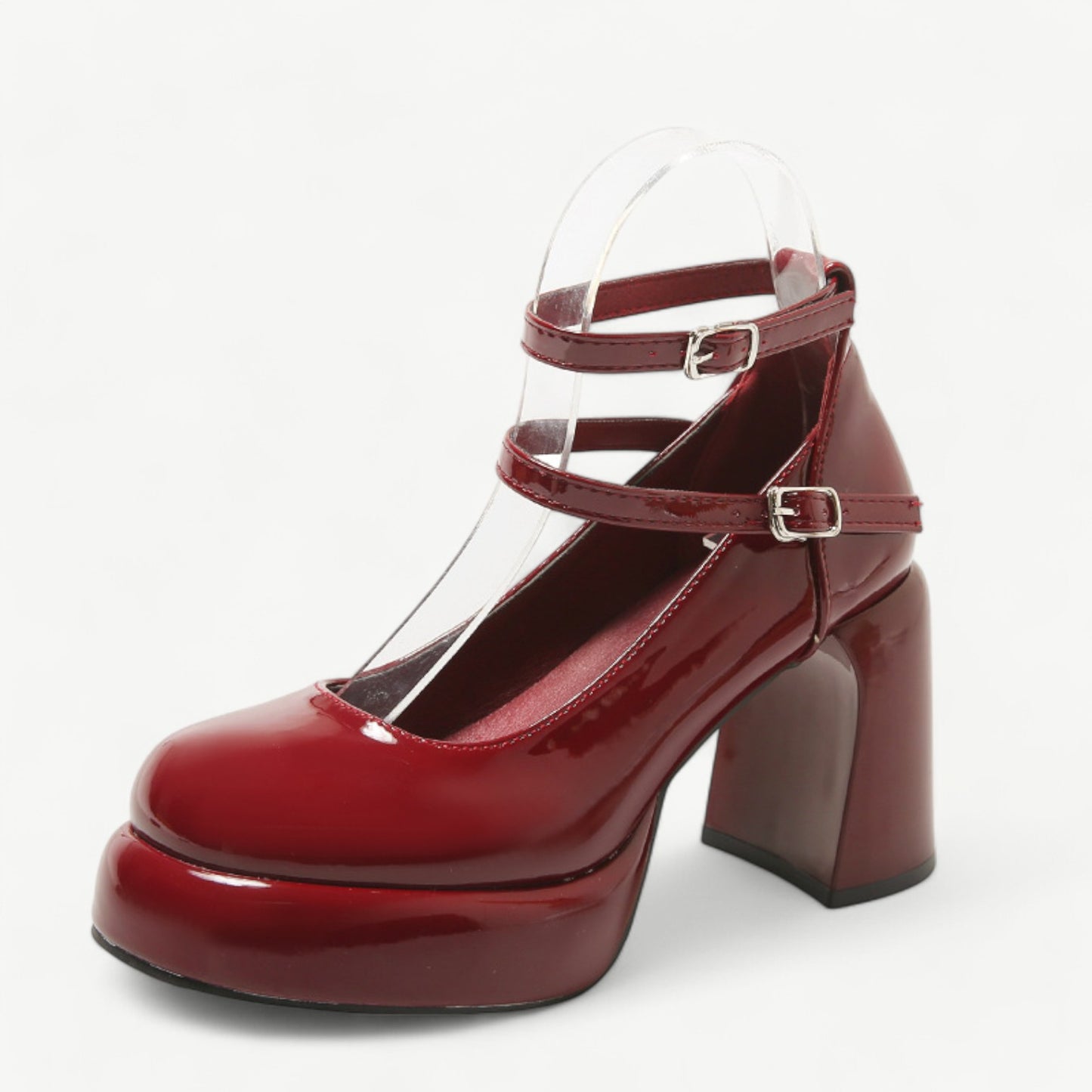 Red Burgundy Mary Jane platform shoes with a high heel and bold design - N°69