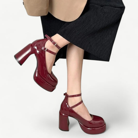 Red Burgundy Mary Jane platform shoes with a high heel and bold design - N°69