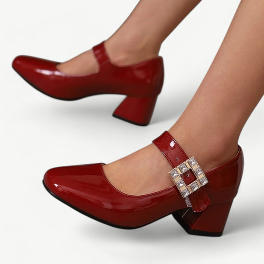 Red Mary Jane heels with a gold buckle and rhinestones - N°32