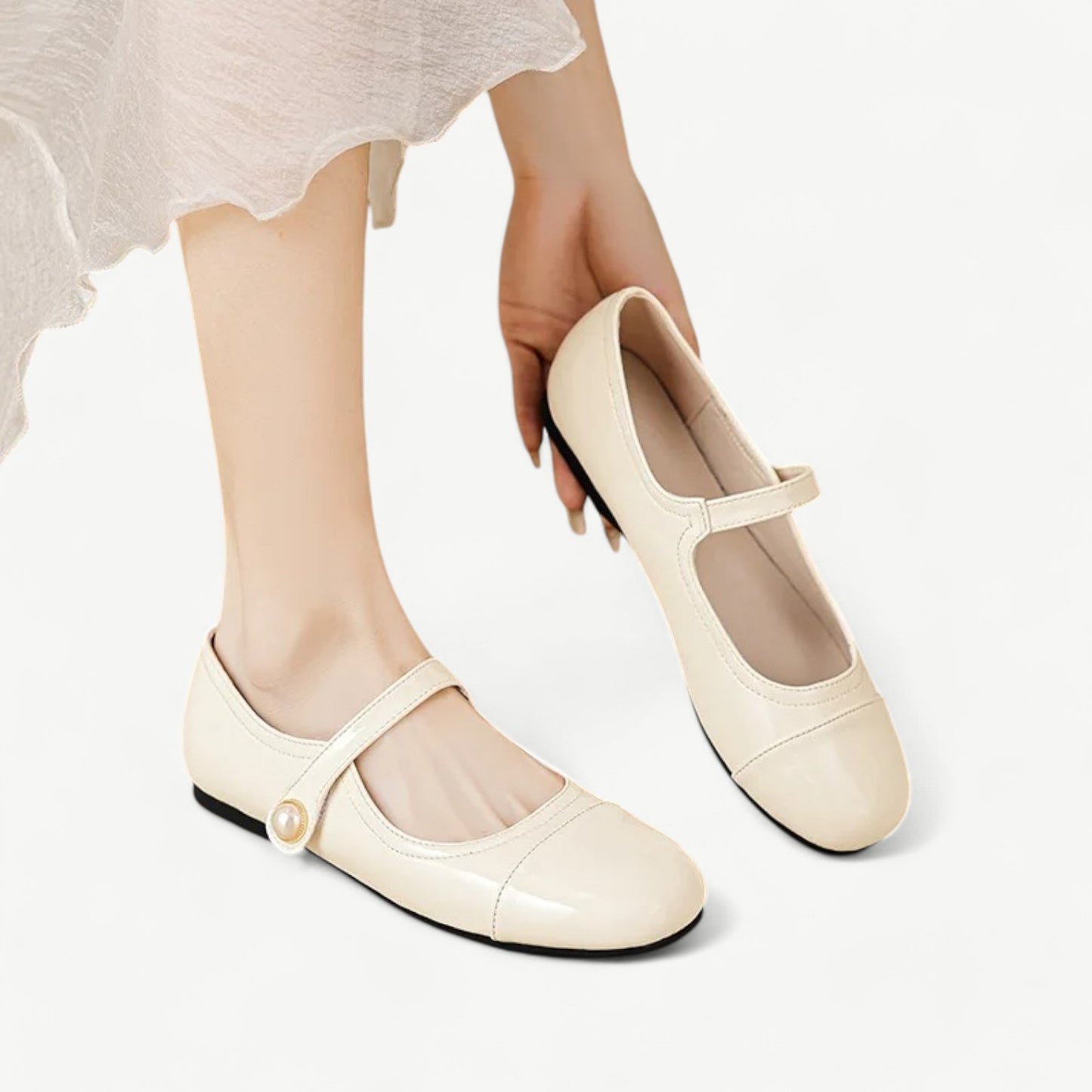 White Mary Jane flats with a white pearl - N°87