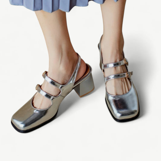 Silver Mary Janes with high heels and a round toe - N°77