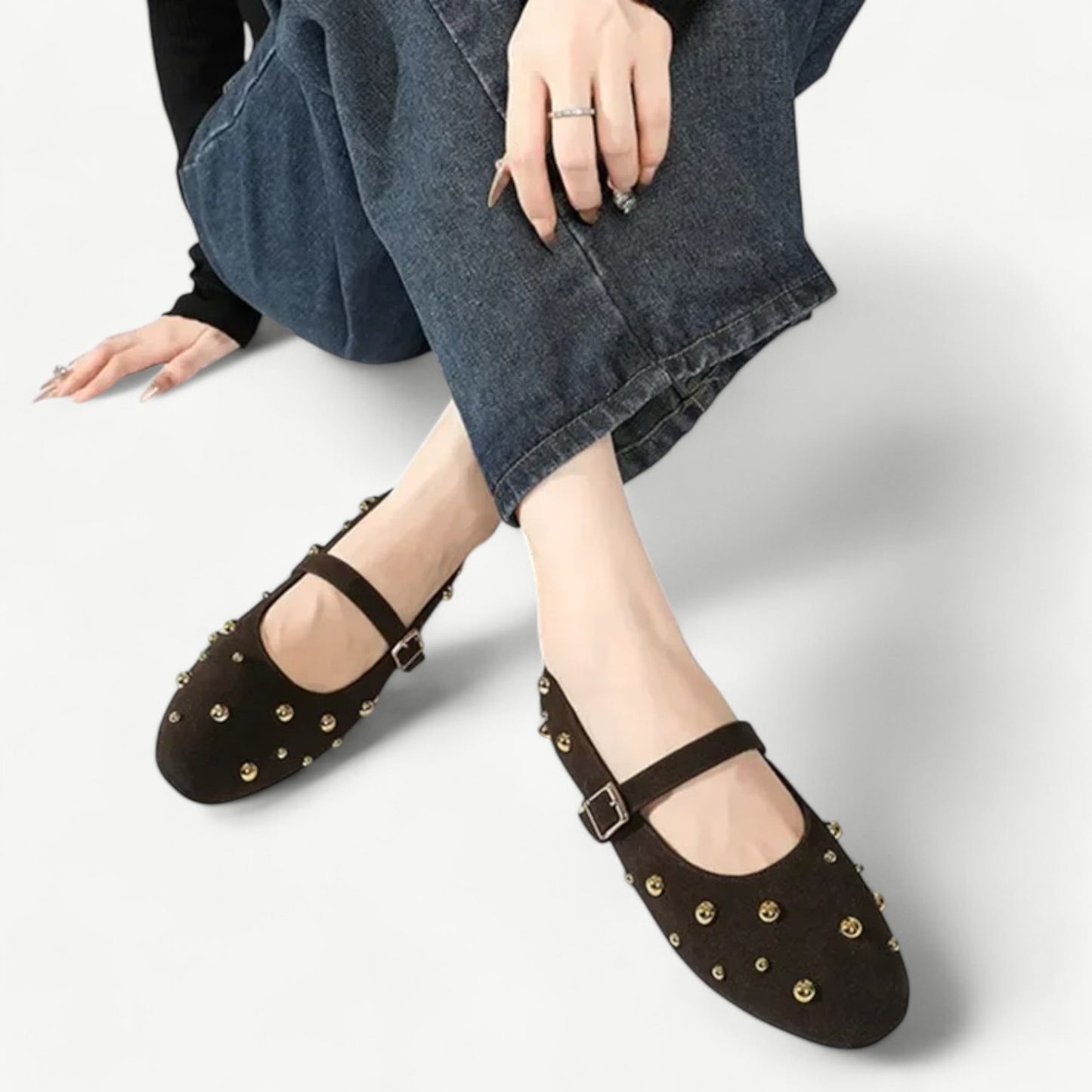 Coffee mary jane ballet flats with gold rhinestones - N°36